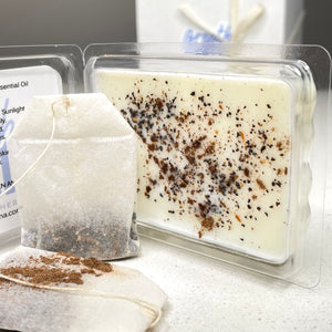 Spiced Chai Tea Soy Wax Melts in clamshell packaging with organic chai tea and allspice - Breathe Well Aromatherapy