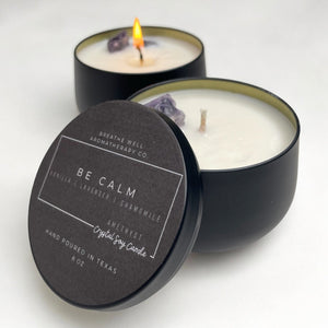 Handcrafted Be Calm Crystal Candle - Relaxing Lavender and Vanilla Aromatherapy for Mindfulness and Self-Care - Breathe Well Aromatherapy