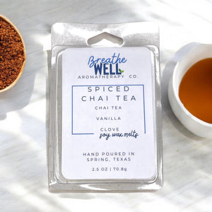 Spiced Chai Tea Soy Wax Melts in clamshell packaging with organic chai tea and allspice - Breathe Well Aromatherapy