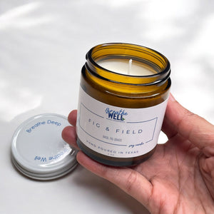 Fig & Field Soy Candle in Amber Jar - Natural Aromatherapy with Fresh Grass, Fig, and Basil Scents for Relaxation and Mindful Living - Breathe Well Aromatherapy