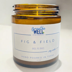 Fig & Field Soy Candle in Amber Jar - Natural Aromatherapy with Fresh Grass, Fig, and Basil Scents for Relaxation and Mindful Living - Breathe Well Aromatherapy