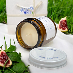 Fig & Field Soy Candle in Amber Jar - Natural Aromatherapy with Fresh Grass, Fig, and Basil Scents for Relaxation and Mindful Living - Breathe Well Aromatherapy