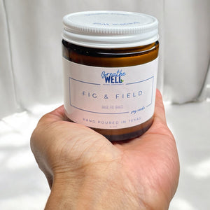 Fig & Field Soy Candle in Amber Jar - Natural Aromatherapy with Fresh Grass, Fig, and Basil Scents for Relaxation and Mindful Living - Breathe Well Aromatherapy
