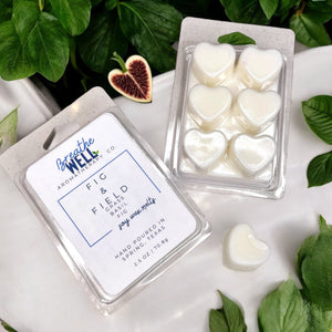 Fig & Field Soy Wax Melts in a plastic clamshell container with earthy scents of fresh grass, fig, and basil for a calming ambiance - Breathe Well Aromatherapy