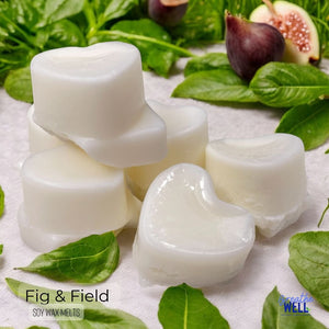 Fig & Field Soy Wax Melts in a plastic clamshell container with earthy scents of fresh grass, fig, and basil for a calming ambiance. - Breathe Well Aromatherapy