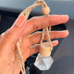 Frankincense and Myrrh Hanging Car Diffuser with 100% natural essential oils in glass prism bottle and wooden cap