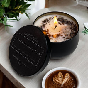 Elegant Black Tin Spiced Chai Tea Scented Soy Candle - 46+ Hour Burn Time - Breathe Well Aromatherapy