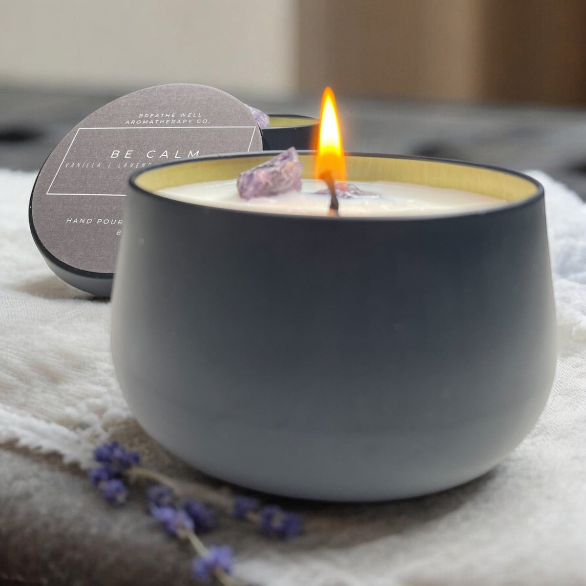 Handcrafted Be Calm Crystal Candle - Relaxing Lavender and Vanilla Aromatherapy for Mindfulness and Self-Care - Breathe Well Aromatherapy
