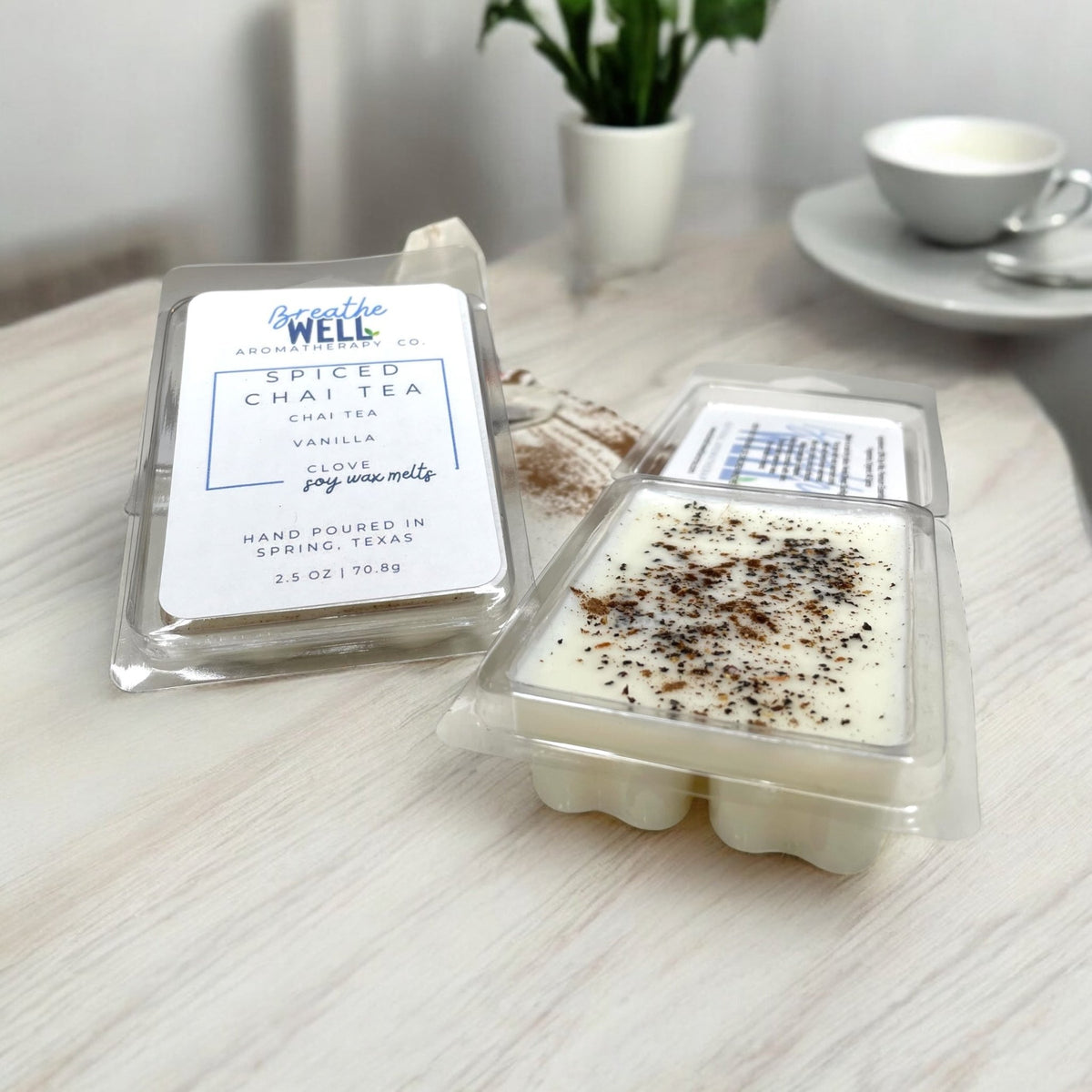 Spiced Chai Tea Soy Wax Melts in clamshell packaging with organic chai tea and allspice  - Breathe Well Aromatherapy