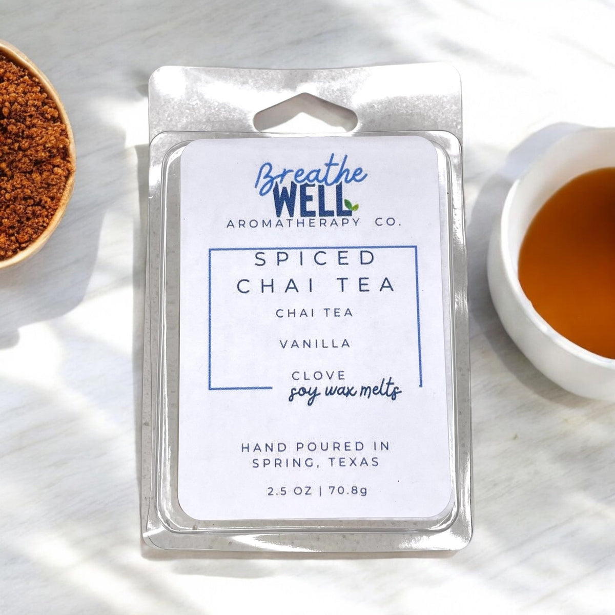 Spiced Chai Tea Soy Wax Melts in clamshell packaging with organic chai tea and allspice  - Breathe Well Aromatherapy