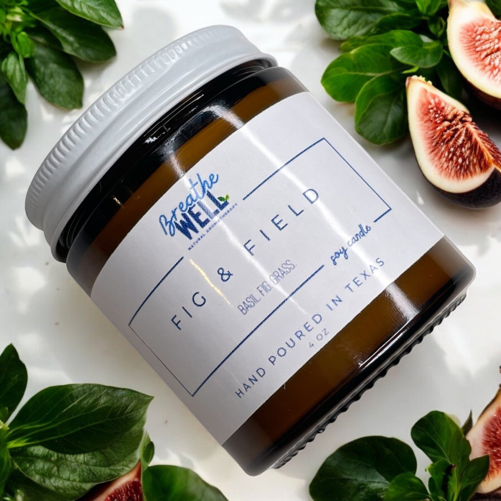 Fig & Field Soy Candle in Amber Jar - Natural Aromatherapy with Fresh Grass, Fig, and Basil Scents for Relaxation and Mindful Living - Breathe Well Aromatherapy