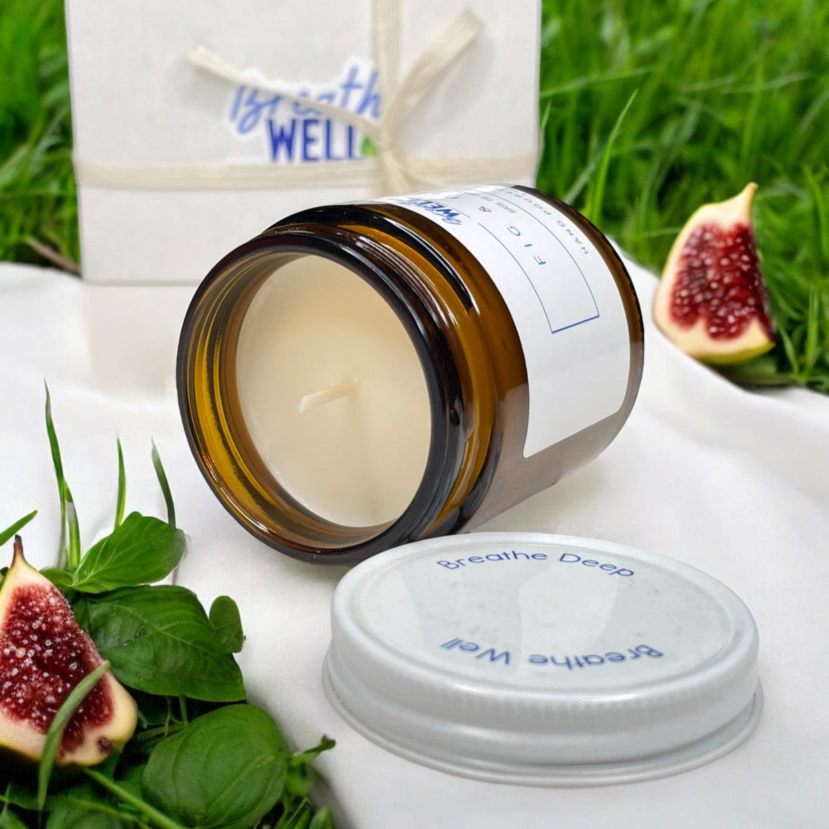Fig & Field Soy Candle in Amber Jar - Natural Aromatherapy with Fresh Grass, Fig, and Basil Scents for Relaxation and Mindful Living - Breathe Well Aromatherapy