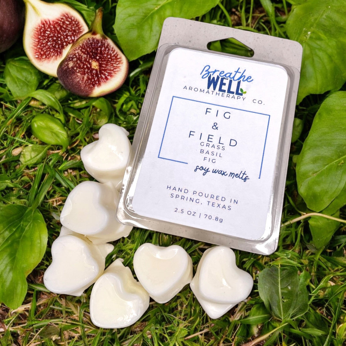 Fig & Field Soy Wax Melts in a plastic clamshell container with earthy scents of fresh grass, fig, and basil for a calming ambiance. - Breathe Well Aromatherapy